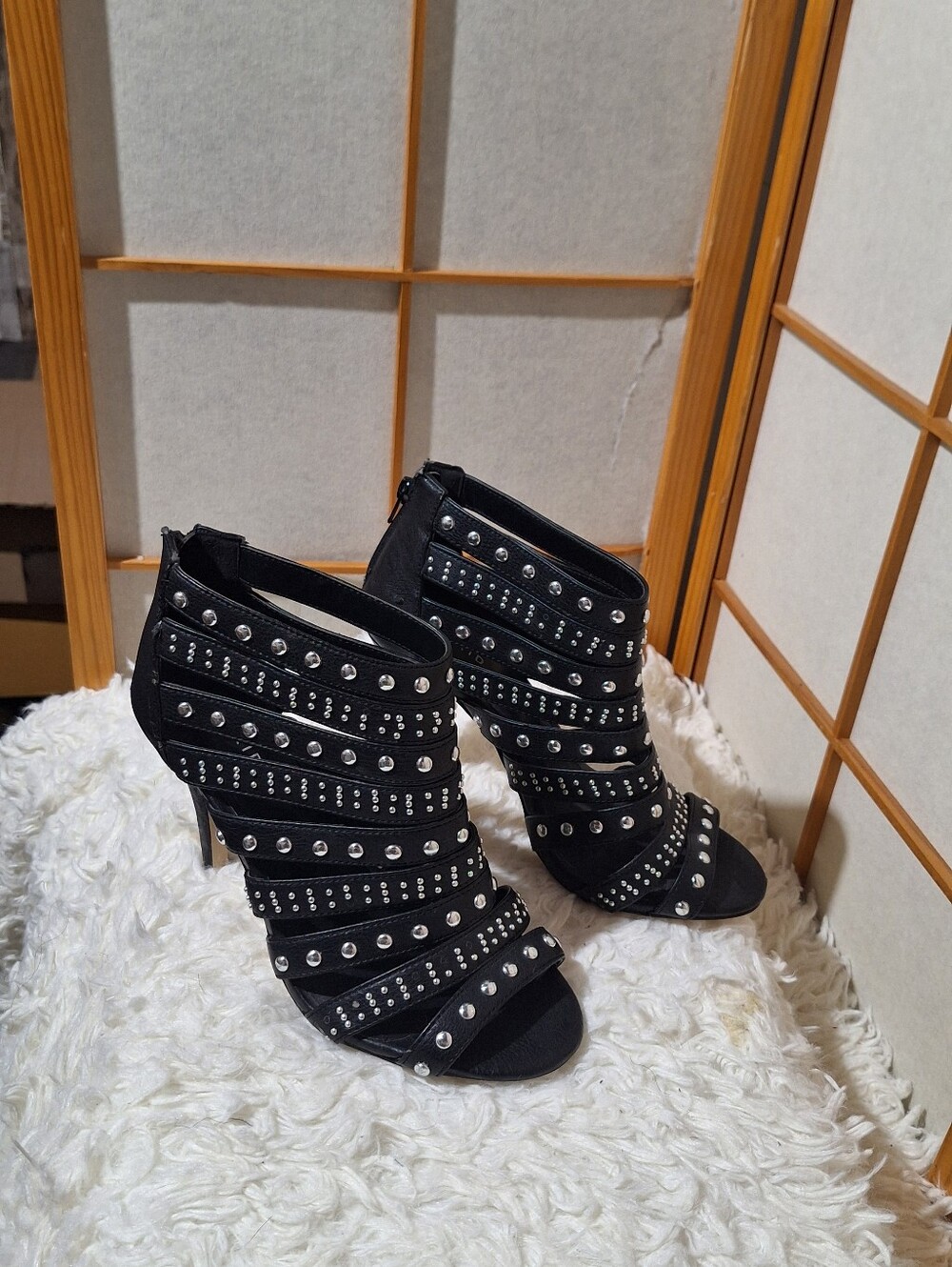 Studded Black Strappy High Heel Booties for Women